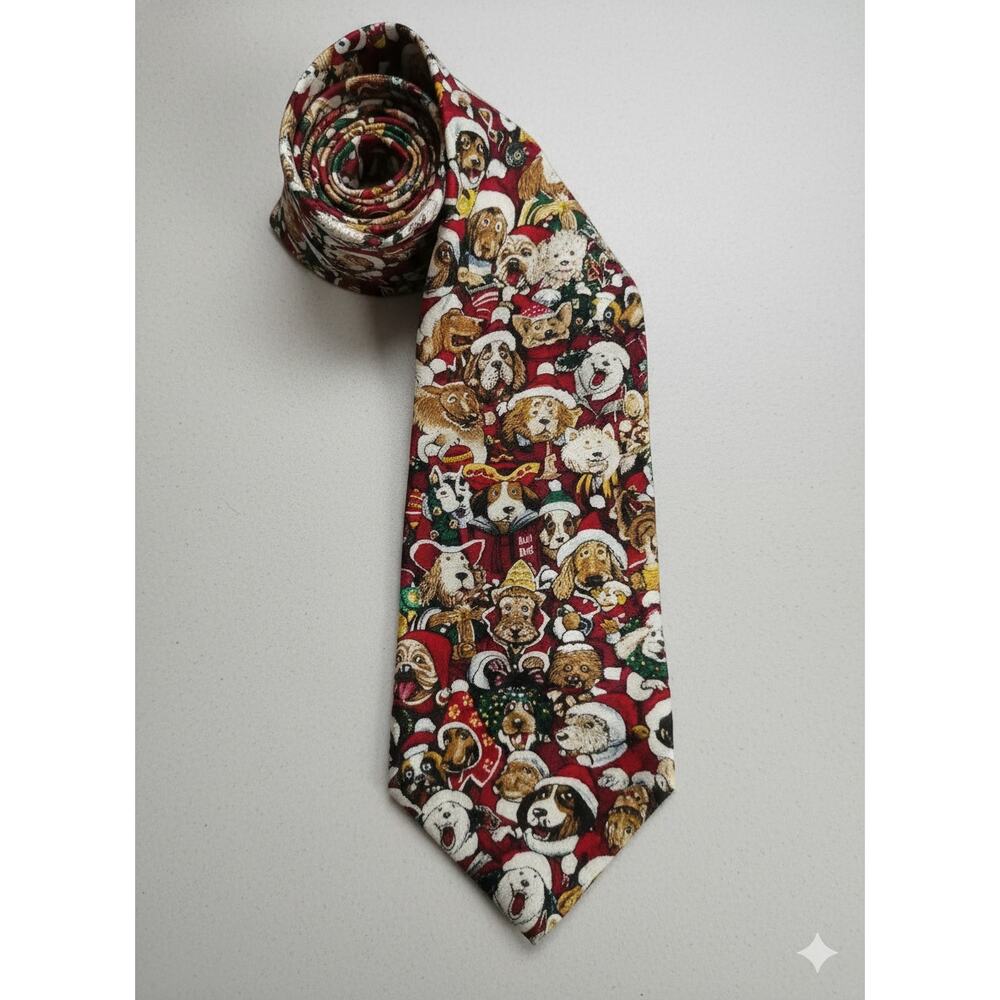 Woodward Vintage Silk Mens Neck Tie Christmas Holiday Dogs Santa Hats